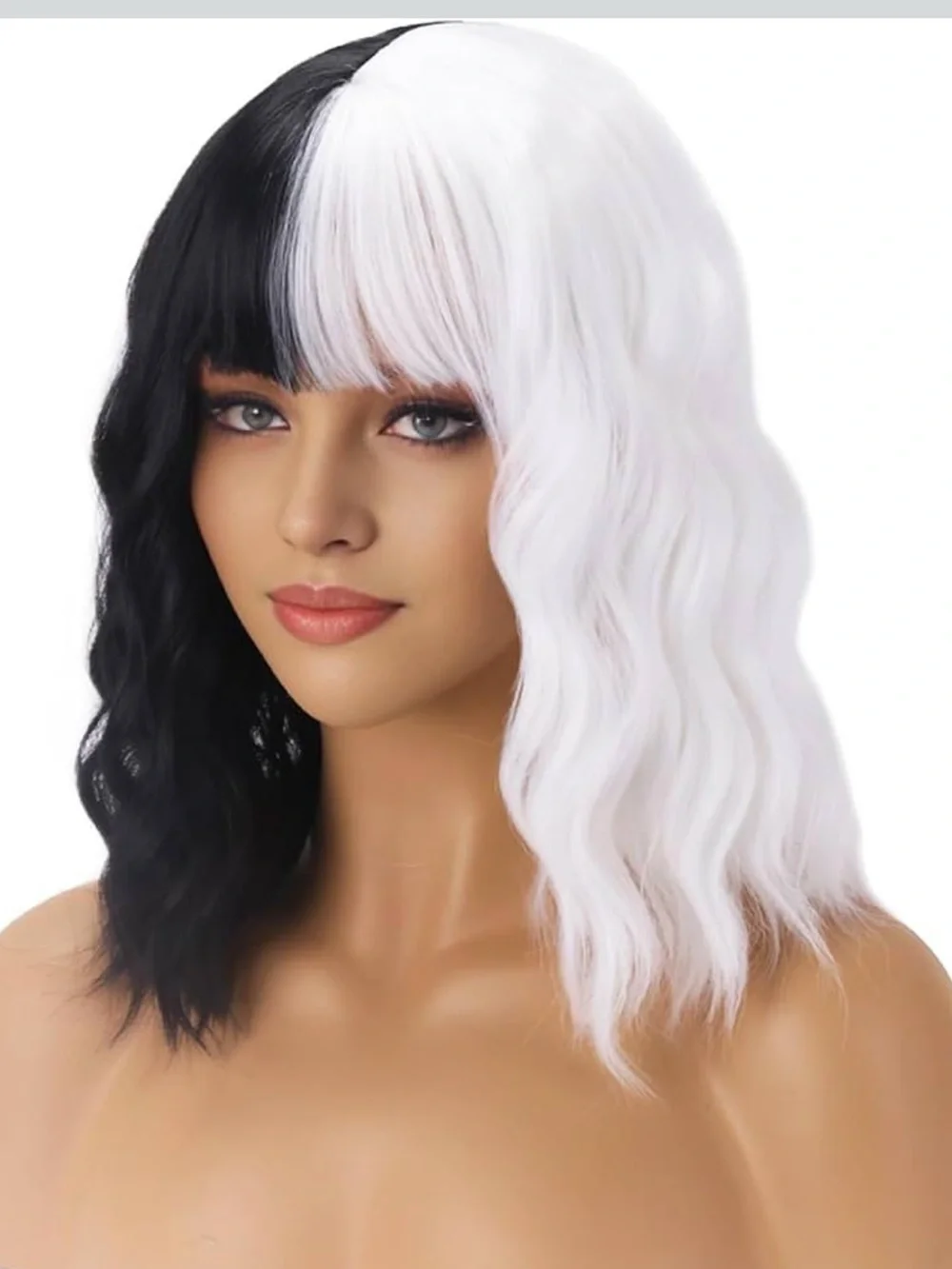 Black & White Two-Tone Wavy Women's Wig with Fringe
